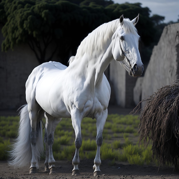 Un caballo blanco está parado frente a un muro de piedra.