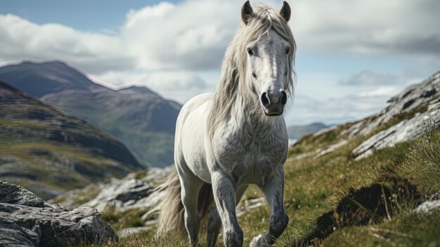 un caballo blanco está de pie en un campo con montañas en el fondo