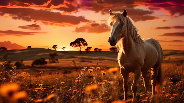 un caballo blanco está de pie en un campo con una puesta de sol en el fondo