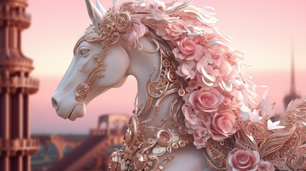 Un caballo blanco con flores rosas y un fondo rosa.