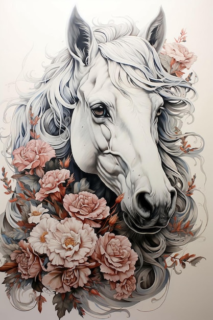 Foto caballo blanco con flores