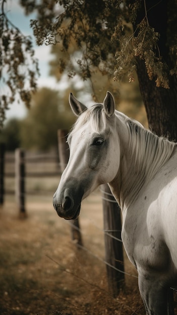 Un caballo blanco se para frente a un árbol.