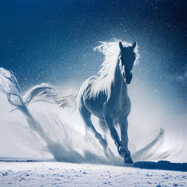 Caballo blanco galopando en la nieve