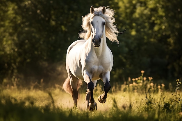 Foto un caballo blanco galopando a través de un campo a la luz del sol