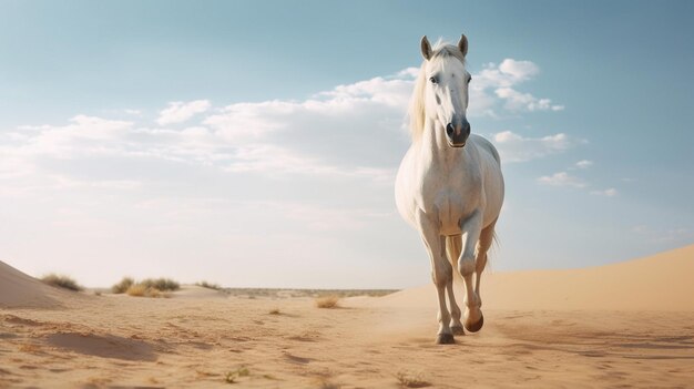 Foto un caballo blanco está en medio del desierto.