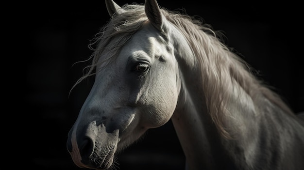 Un caballo blanco con melena blanca se para en la oscuridad.