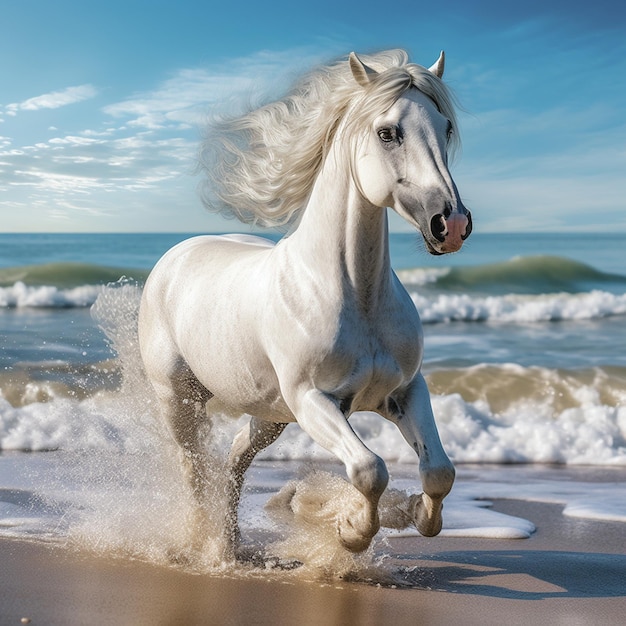 un caballo blanco con una melena corriendo por la playa