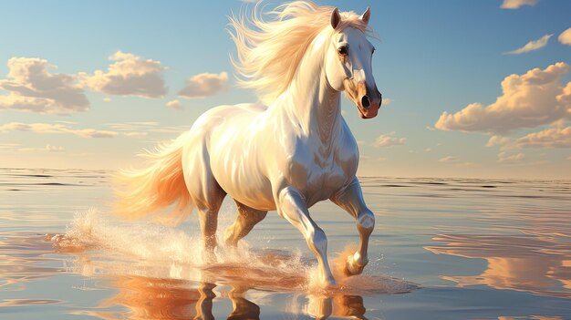 un caballo blanco con una melena dorada corre a través del agua