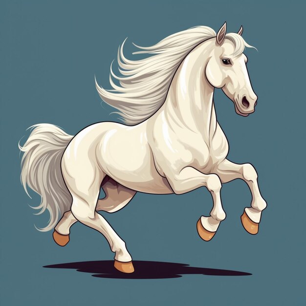 Un caballo blanco con una melena larga está sobre un fondo azul.