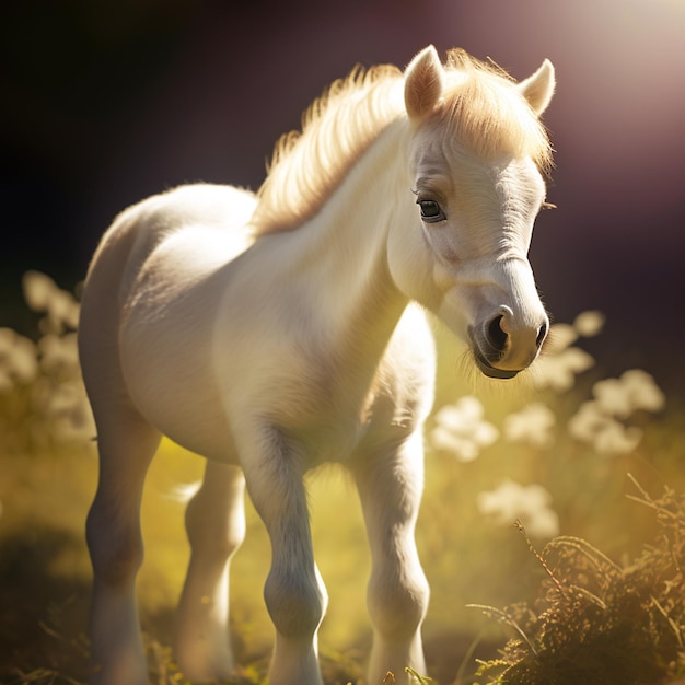 Un caballo blanco con una melena rubia se encuentra en un campo de flores.