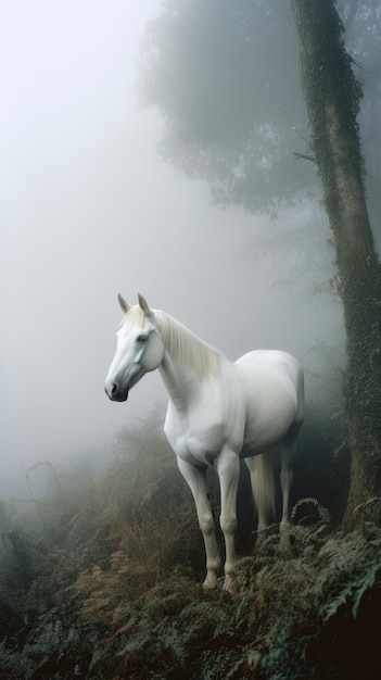Un caballo blanco se para en la niebla frente a un árbol.