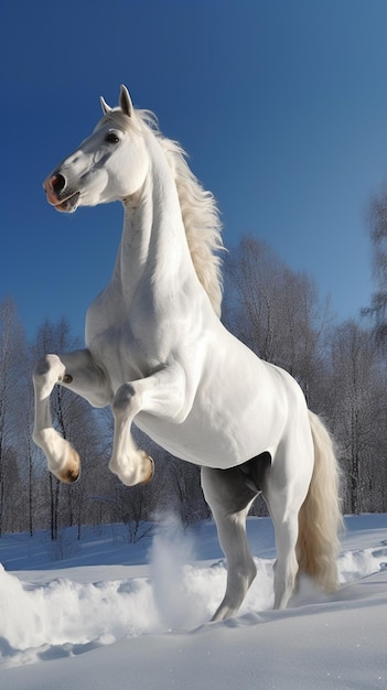 Un caballo blanco en la nieve.