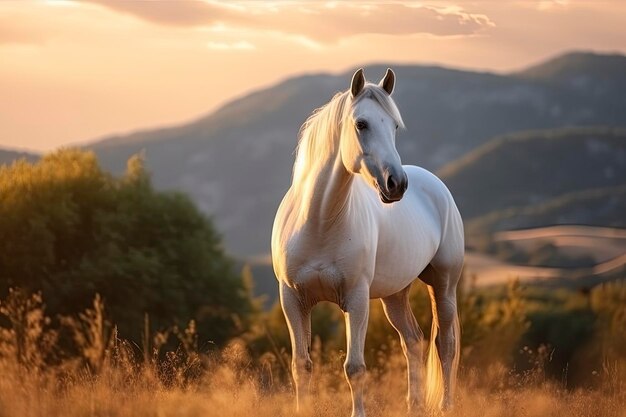 Caballo blanco o yegua en las montañas al atardecer