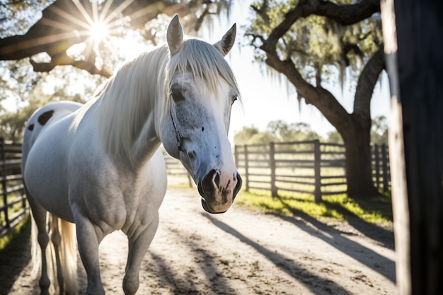 Un caballo blanco se para en un potrero con el sol brillando en el fondo.