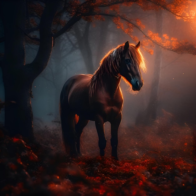 Caballo en el bosque de otoño