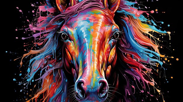 un caballo con cabello colorido se muestra en una pintura titulada colores del arco iris