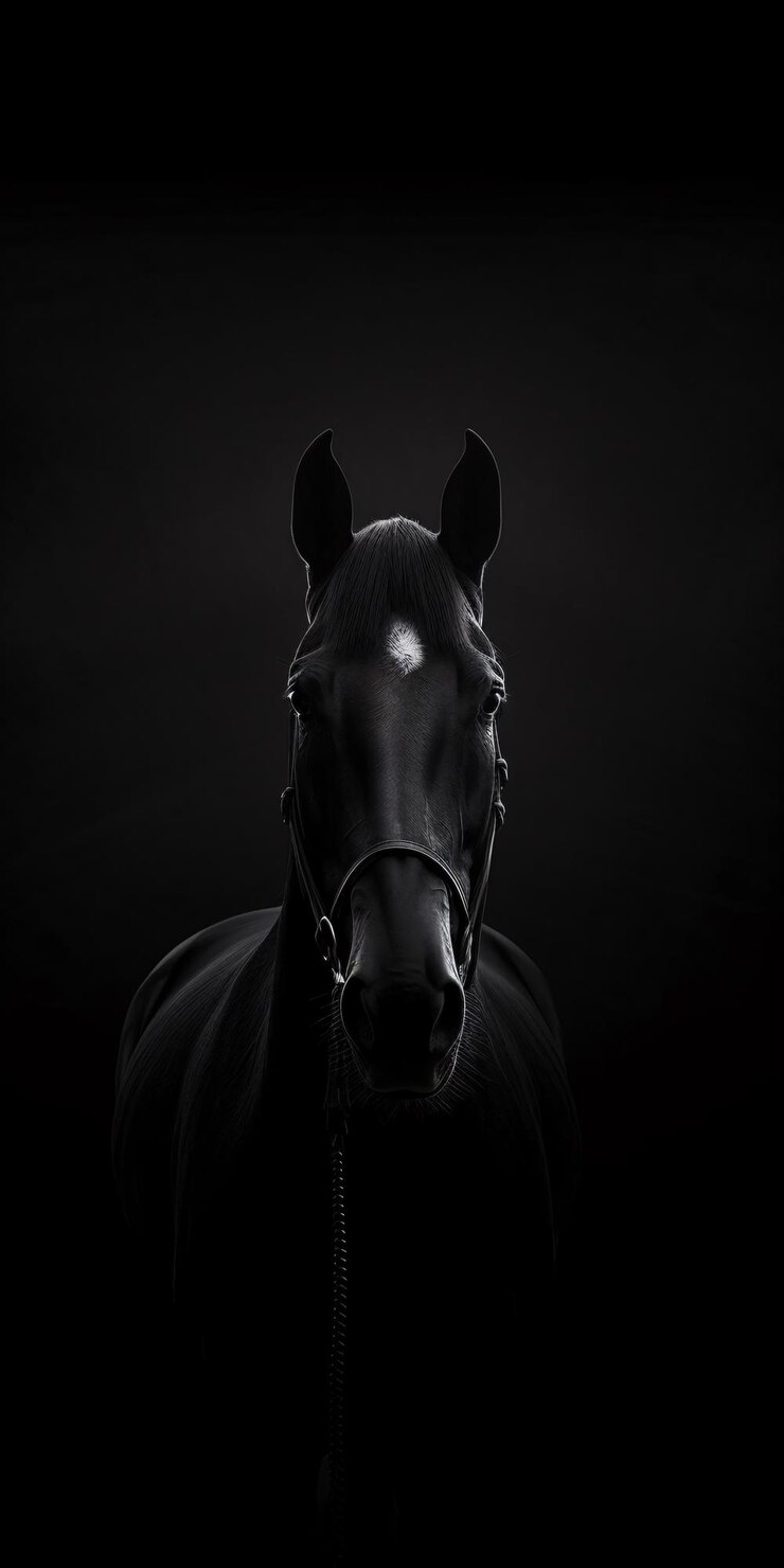 Un caballo con cabeza de caballo negro en la oscuridad.
