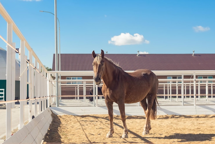 Foto el caballo camina en el paddock en un moderno club ecuestre tranquilo y relajado el animal descansa