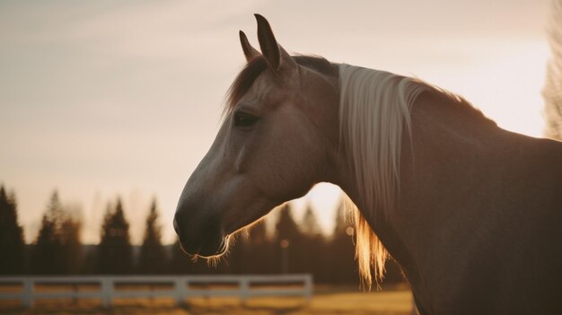 Un caballo en un campo al atardecer.