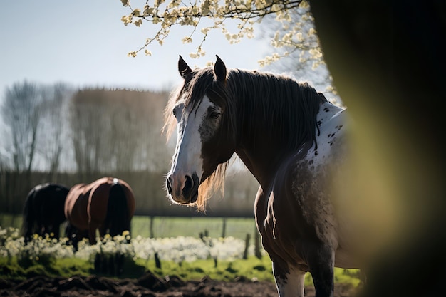 Un caballo en un campo con un árbol al fondo.