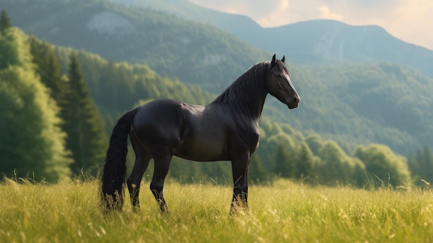 Un caballo en un campo con montañas al fondo.