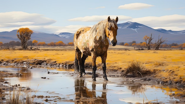 un caballo en un campo con montañas en el fondo