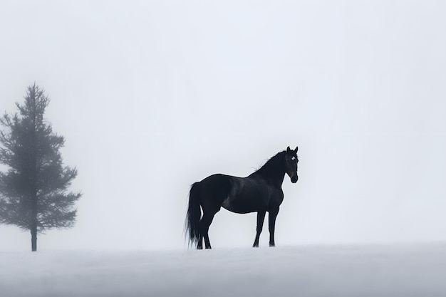 Un caballo se para en un campo nevado con un árbol al fondo.