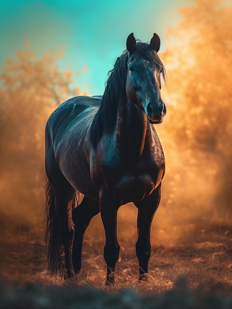 Un caballo en un campo con una puesta de sol detrás