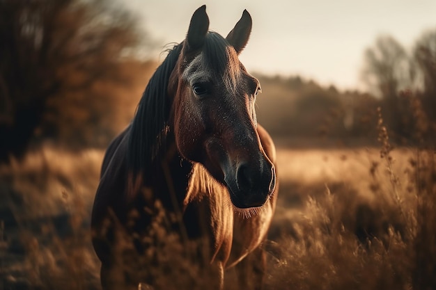 Un caballo en un campo con la puesta de sol.