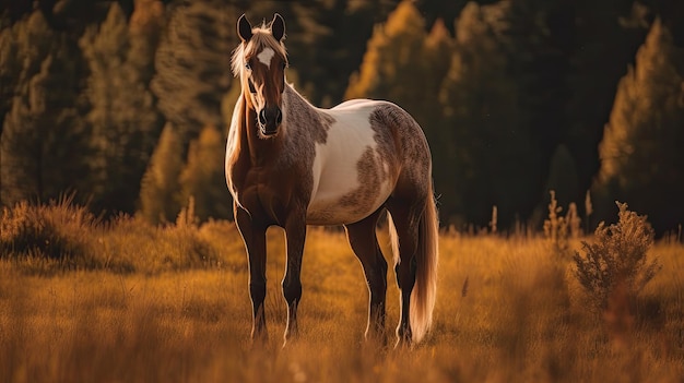 Un caballo en un campo con el sol brillando sobre el caballo.