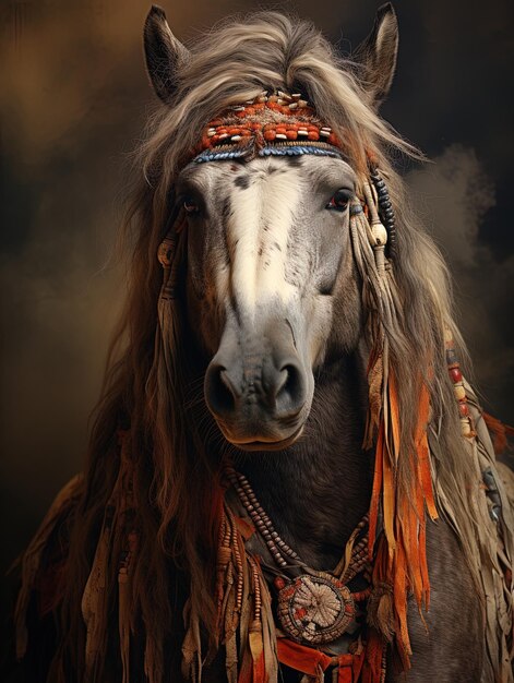 un caballo con una cara blanca y una faja de colores.