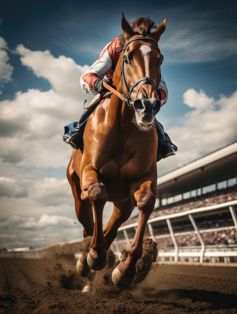 Un caballo de carreras corre en el hipódromo