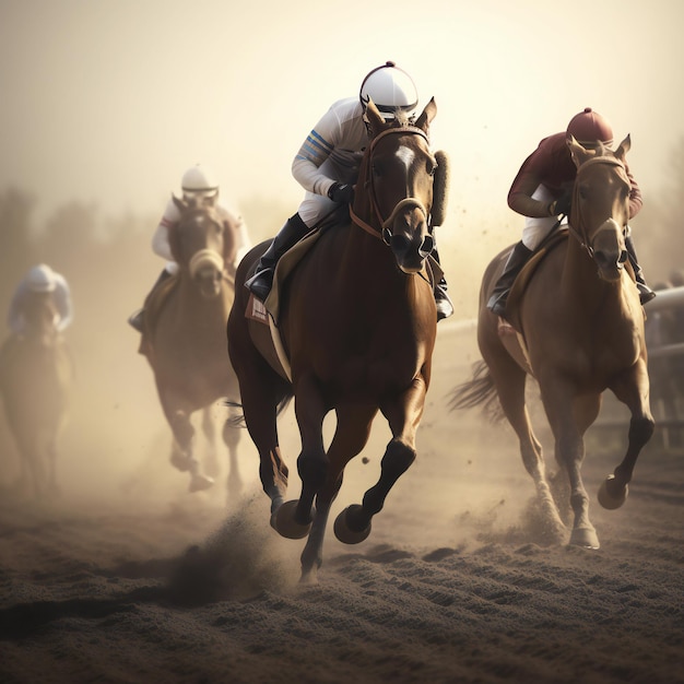 El caballo de carreras Photo Finish se acerca a la línea en una carrera para morderse las uñas