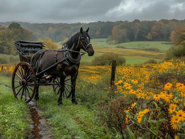 El caballo y el carruaje amish se mezclan en un paisaje rural la vida simple se desvanece en los campos