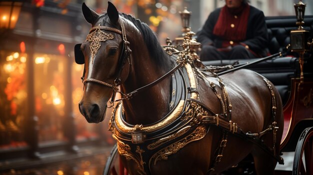 Caballo en carruaje en la ciudad.