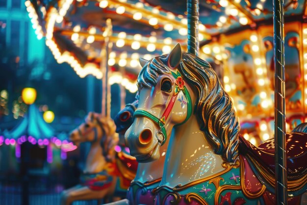 Caballo de carrusel con luces de colores y decoraciones intrincadas en un entorno de carnaval