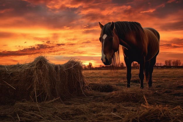 Caballo comiendo heno con puesta de sol en el fondo creado con ai generativo