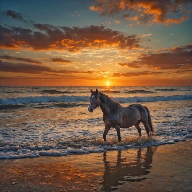 Caballo contra el telón de fondo de una hermosa puesta de sol en el mar