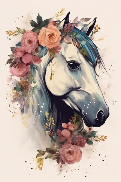 Un caballo con una corona de flores.