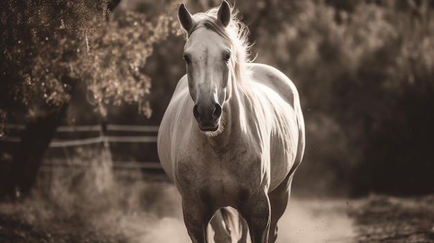 Un caballo corre por un campo con una cerca al fondo.