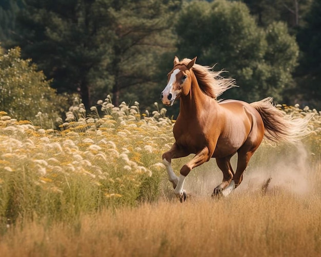 Foto un caballo corre por un campo de flores.