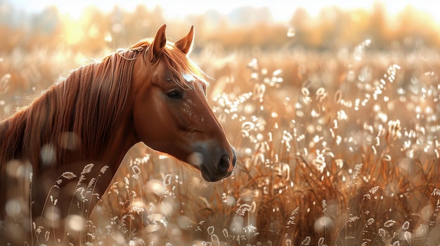 El caballo corre por el campo de hojas