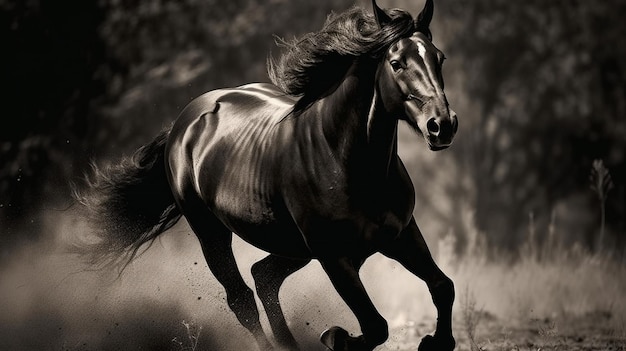 Un caballo corre por un campo con la palabra caballo en el frente.