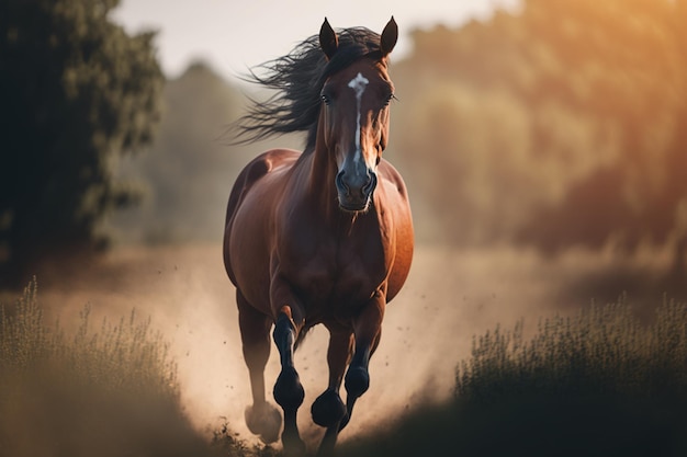 Un caballo corre por un campo con el sol brillando sobre él.