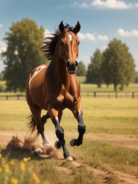 Foto un caballo corre por un campo.