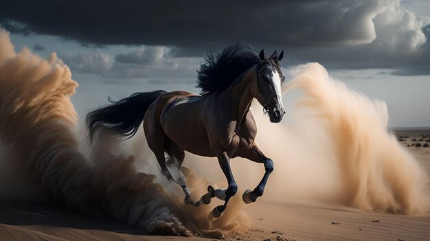 Un caballo corre en el desierto con una puesta de sol de fondo.