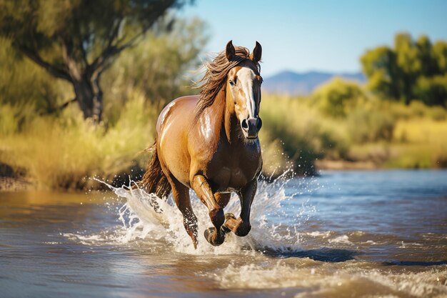 El caballo corre a lo largo del río salpicando agua a su alrededor