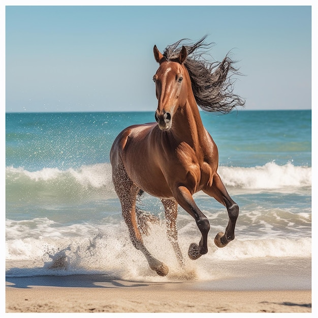 Un caballo corre por la playa con el agua detrás de él.