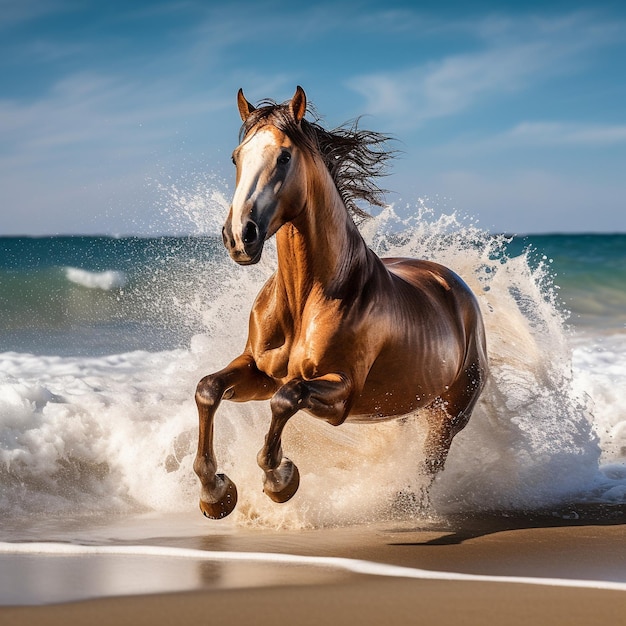 Un caballo corre en la playa con el océano detrás de él.