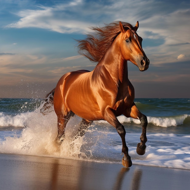 Foto un caballo corre por la playa con el océano detrás de él.